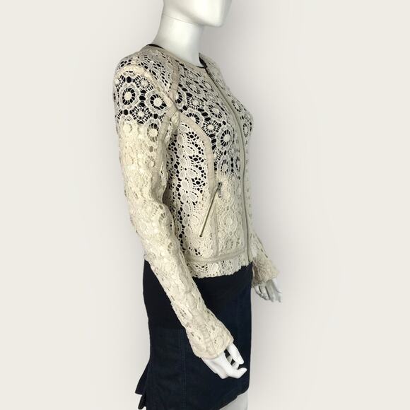 Beige Crocheted Lace Cardigan Full Zip Cotton Cream by Chelsea28 - Picture 5 of 10